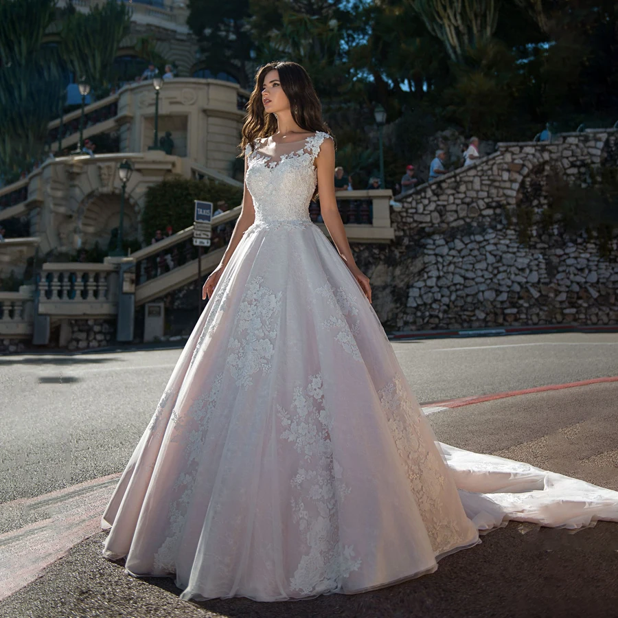 robes de mariée Ball Gowns Blush Pink Wedding Dress with Lace Applique Illusion Back Bridal Gownsbestidos novia | Свадьбы и