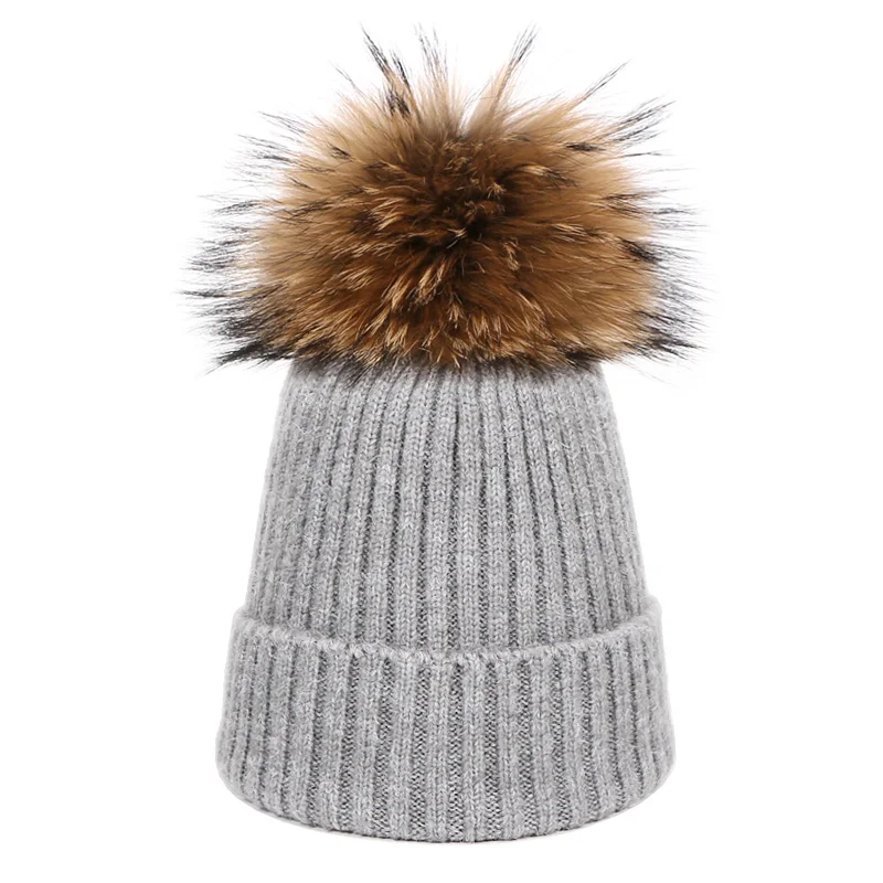 Шапочки, шапка для детей, шапка с помпоном на осень и зиму, теплая шапка для женщин и девочек, вязаная плотная шапка Skullies, натуральный мех, высокое качество - Цвет: I