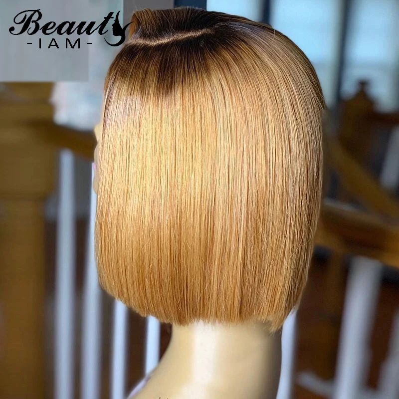 Короткий боб парик Омбре 4/27 коричневый прямой кружевной парик отбеленные узлы бразильский медовый блонд кружевные передние человеческие волосы парики для женщин
