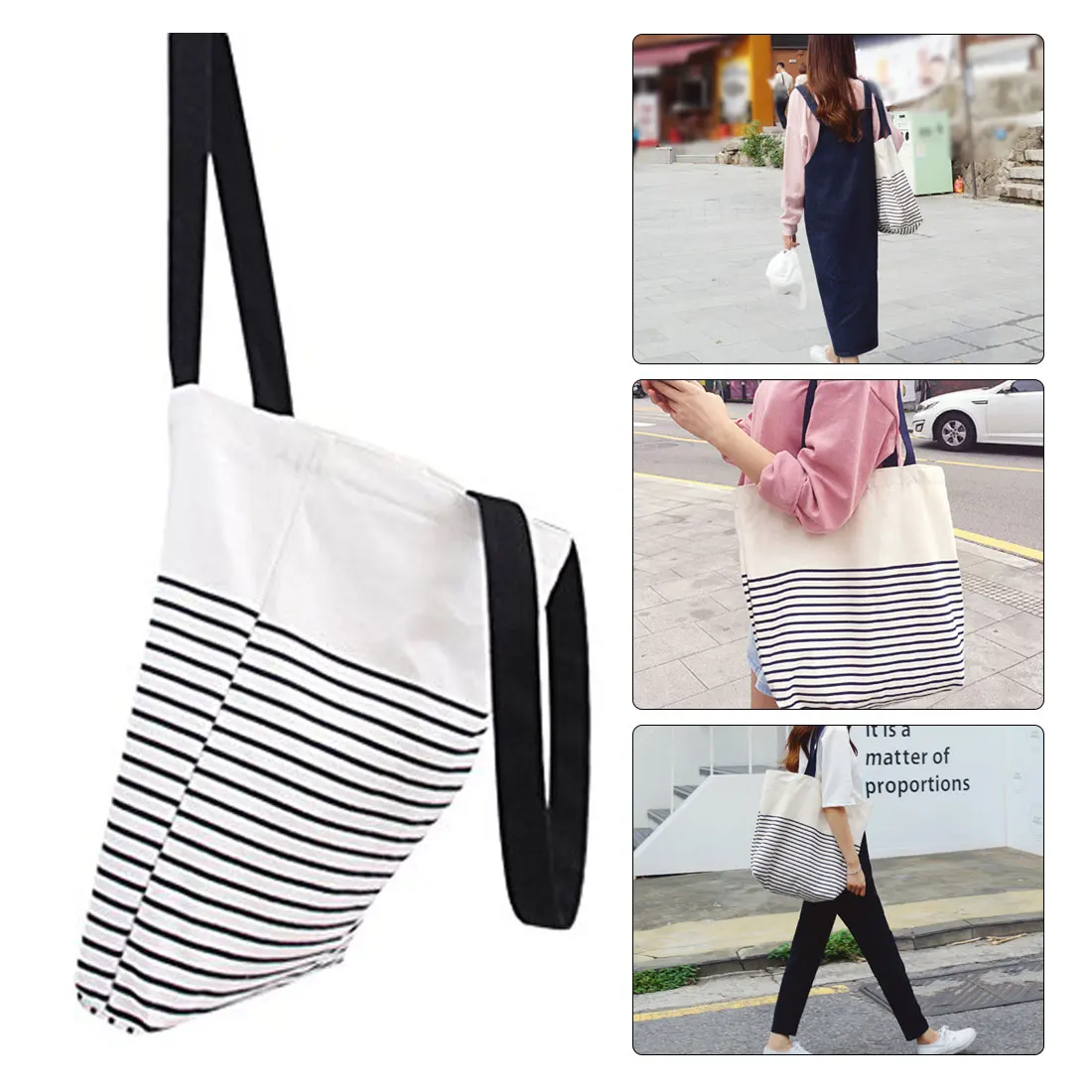 

Simple Casual Cotton Stripe Shopping Bag Canvas Tote Bag Reusable Shopping Beach Bag Zippered Small Shopping Bag