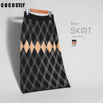 

Winter warm knitted skirt Women's geometric skirt high waist Fashionable high-end chic office lady pencil skirt
