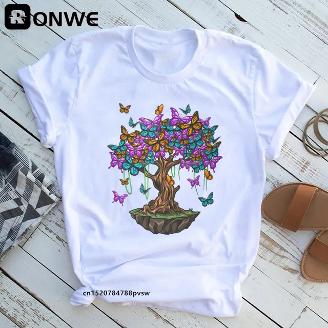 Woman Butterfly Tree Print Harajuku Summer Tshirts Casual Round Neck Short Slee Top Tee Shirt,Drop Ship B2021-9