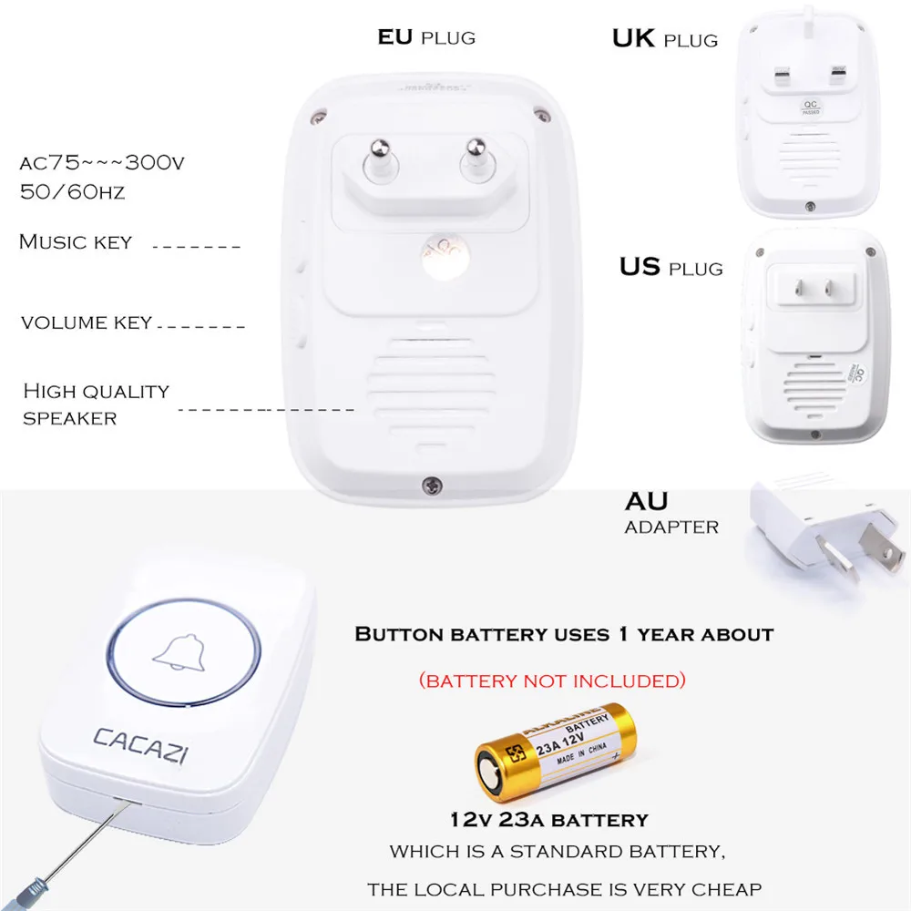 CACAZI 60 Chime 110DB беспроводной дверной звонок Водонепроницаемый 300 м Пульт дистанционного управления EU AU UK US штекер домашний дверной звонок батарея 1 Кнопка 1 2 3 4 Приемник