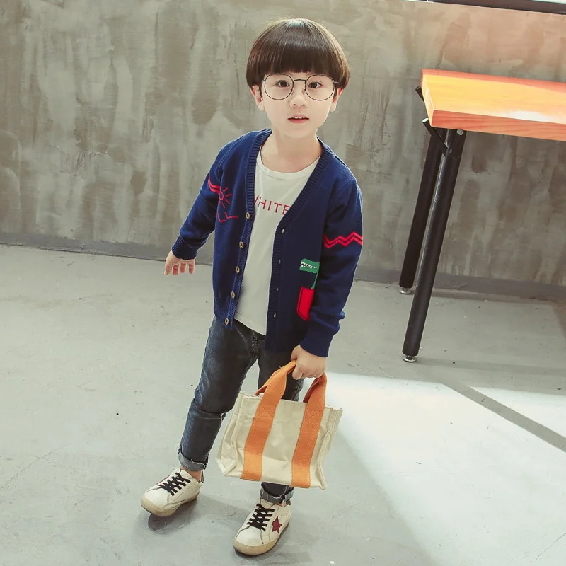 New Autumn Winter Cotton Dinosaur Pattern Pocket Sweater Baby Children Boys Girls Knitted Cardigan Outerwear