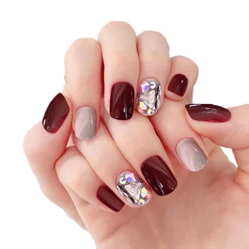 

24pcs/box Ladies Sexy Wine Red Color Fashion Fake Nails press on Shining Rhinestone Beauty False Nail Full Cover acryl Nail Tips