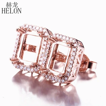 

HELON Emerald Cut 5x7mm Solid 10K Rose Gold Real Natural Diamonds Women Jewelry Engagement Wedding Semi Mount Stud Earrings