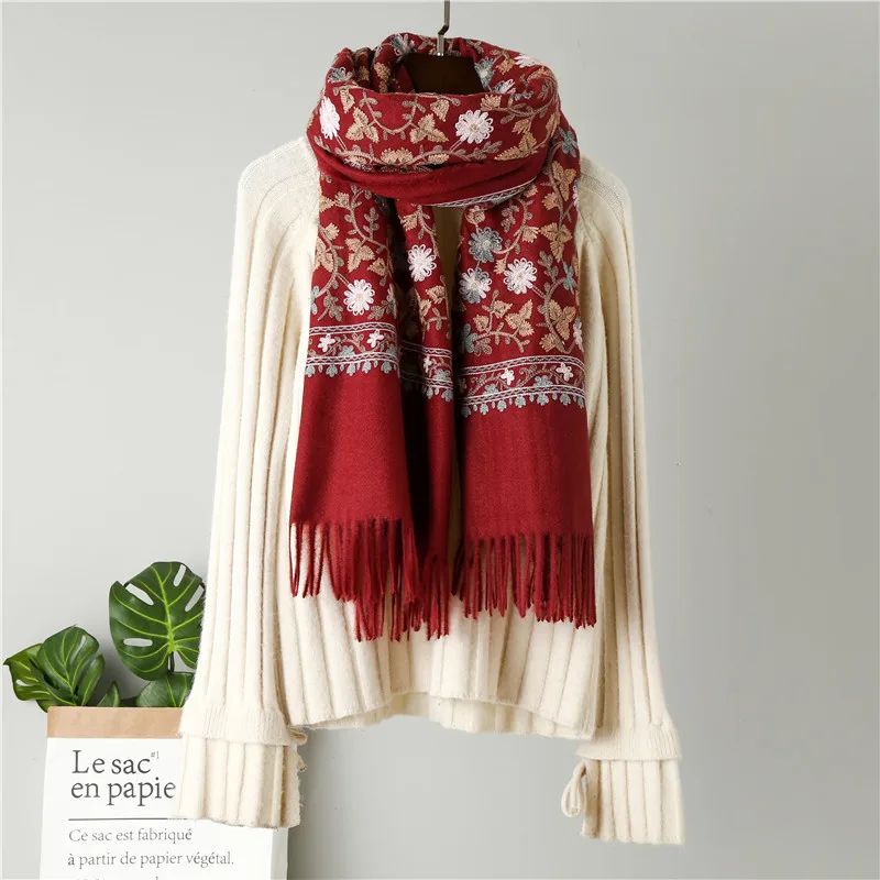 Sparsil, женский зимний кашемировый шарф с вышивкой, осенний, винтажный, с кисточками, Цветочный, шерстяной, шаль, толстый, для призвания, теплый, мягкий, женский шарф - Цвет: Wine Red