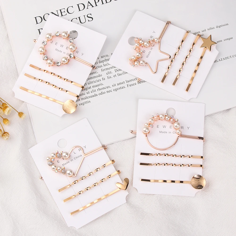 

4Pcs/Set New Women Elegant Pearl Crystal Hairpins Heart Star Round Shape Barrettes Sweet Hair Clips Fashion Hair Accessories