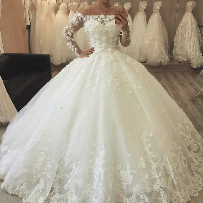 Vestidos De Novia арабское роскошное 3D свадебное платье с цветами с длинными рукавами свадебная Кружевная аппликация свадебные платья robe de mariee