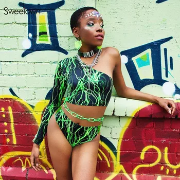 

Sweetown Lightning Two Piece Set Women One Shoulder Crop Top And Booty Shorts Tracksuit Mesh Patchwork Sexy Summer Beachwear