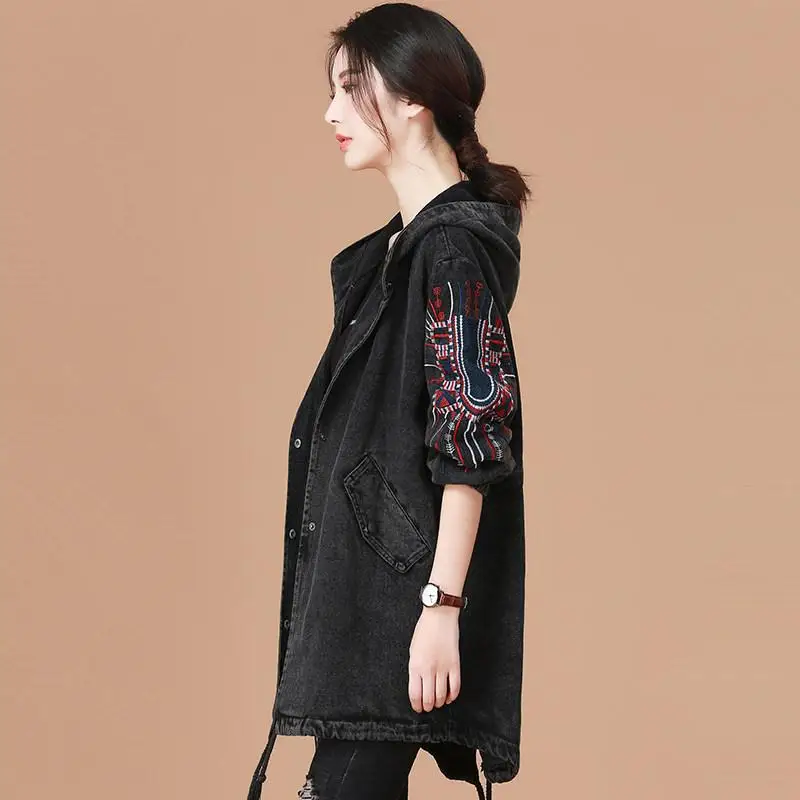 Finest  Vangull Ladies Denim Jacket With Embroidery Women Bf Style Long Sleeve Loose Streetwear Jeans Jacke