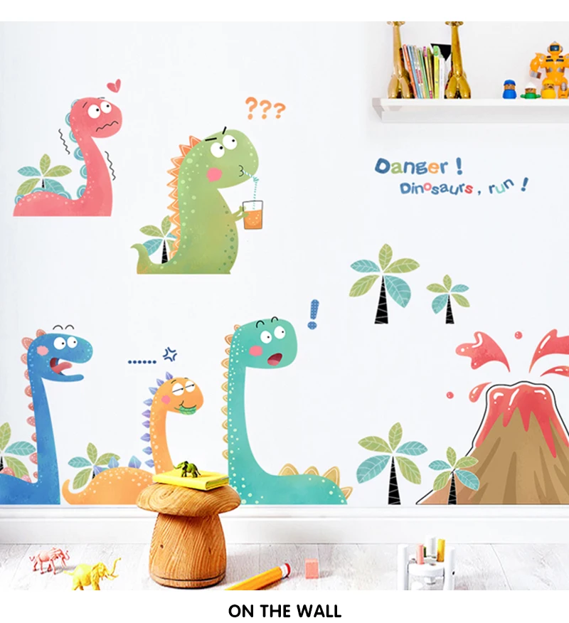 Cartoon volcano little dinosaur wall stickers creative kids room decoration cute sticker self-adhesive baby bedroom wall decor