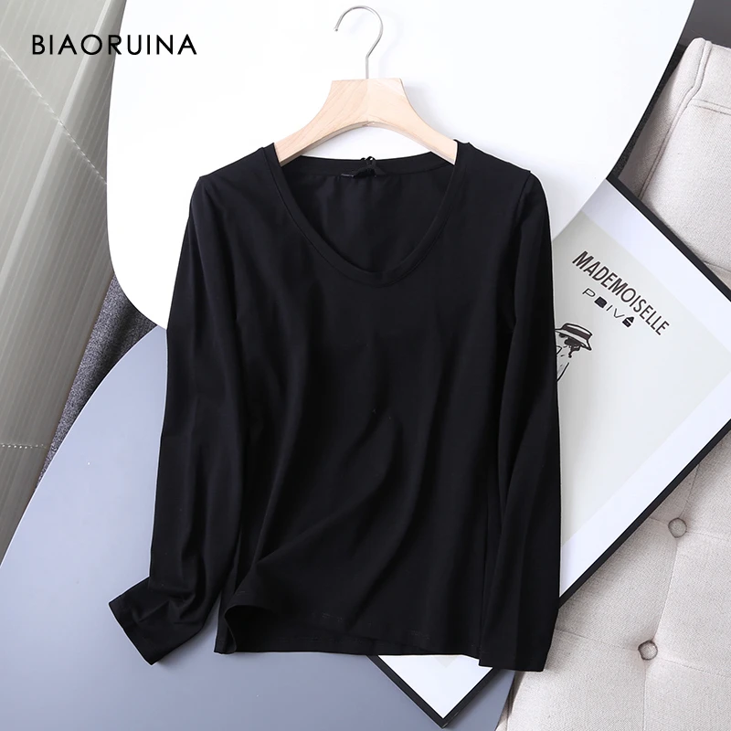 BIAORUINA Womens Cotton Basic All-match V-neck T-shirt Long Sleeve Korean Style Slim Everyday Tees Casual Tops
