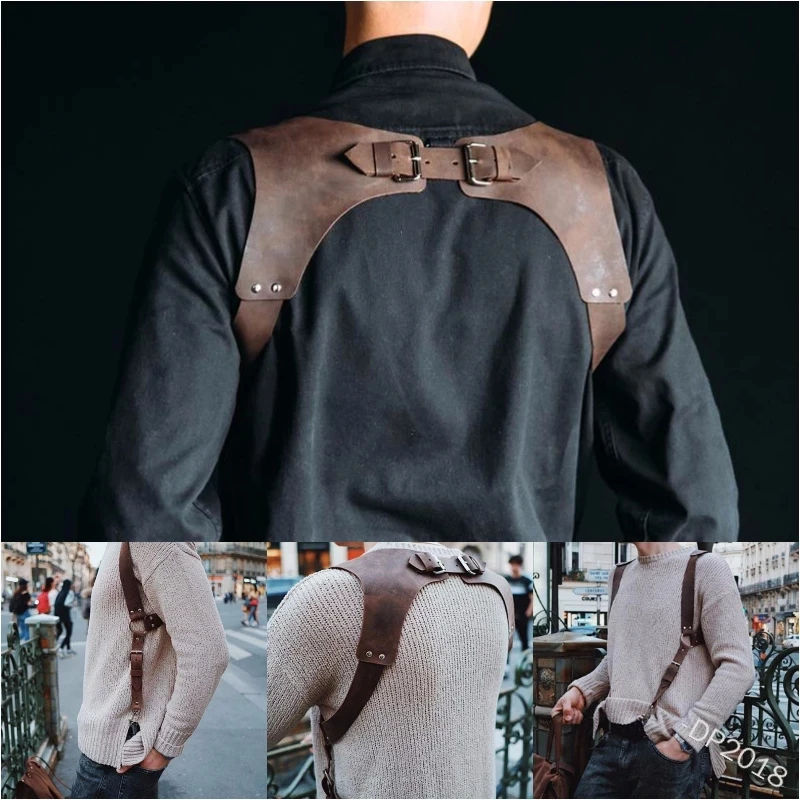 

Men Medieval Costume Armors Cosplay Accessory Vintage Gothic Warrior Knight Shoulder PU Leather Harness Body Chest Harness Belt