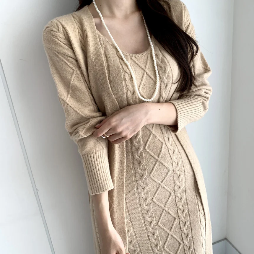 Elegant Fall Winter Thick Knitted 2 Piece Set Women Twist Long Cardigan Sweater Coat +Sleeveless Long Dress Suit Ensemble Femme