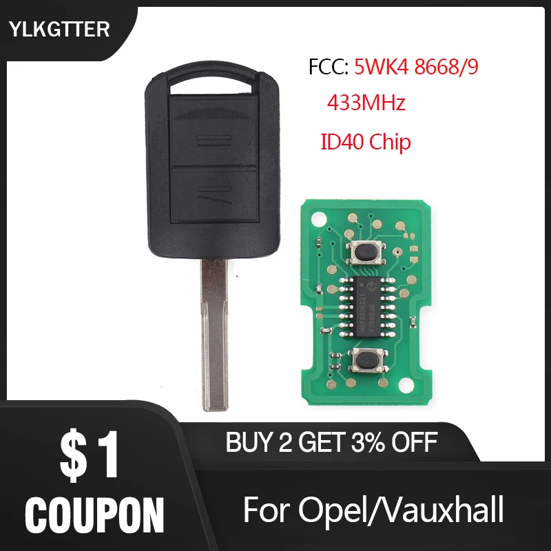 

YLKGTTER 2 Buttons Car Key For Vauxhall /Opel Corsa C Combo Tigra Meriva Agila Remote Key 433Mhz ID40 Chip with HU43 Blade