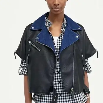 

New Design Autumn Denim Patchwork Women Leather Jacket Coat Chic Short Sleeve Loose Pu Female Jacket Streetwear