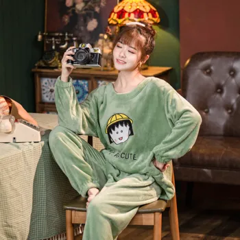 

XIZOU Winter Women Pajamas Warm Cute Sleepwear Pijama Mujer Flannel Full-Sleeve Pajamas Set Ladies Homewear Pyjama Girls