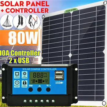 

80W 18V Protable Solar Panel Kit 1/2 USB Port with 10A LCD Display Solar Charge Controller Off Grid Monocrystalline Module