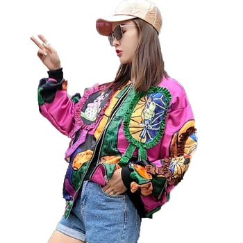 

QING MO Women Red Personality Coat Women Full Sleeve Patchwork Coat Abstract Print Chic Coat 2019 Autumn ZQY1135