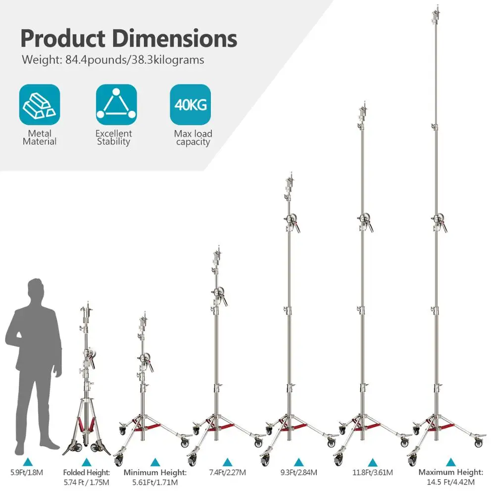 US $146.94 Neewer Pro 100 Stainless Steel C Stand Light Stand With Pulleys Max Height 144ft440cm With 7ft218cm CrossBar