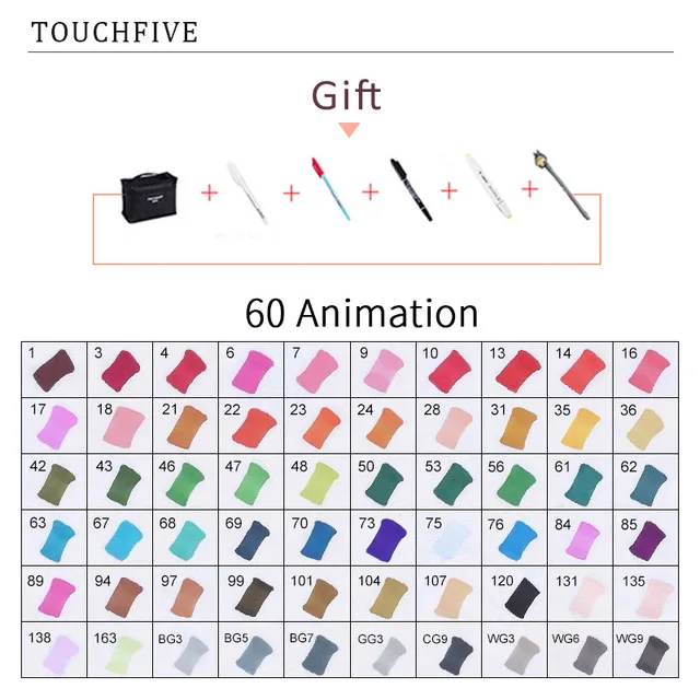 TouchFIVE 20 Вт, 30 Вт/40/60/80 цветные маркеры манга чертежные Маркеры Ручка на спиртовой основе эскиз жирной двойной кисть товары для рукоделия - Цвет: 60 ANIMATION