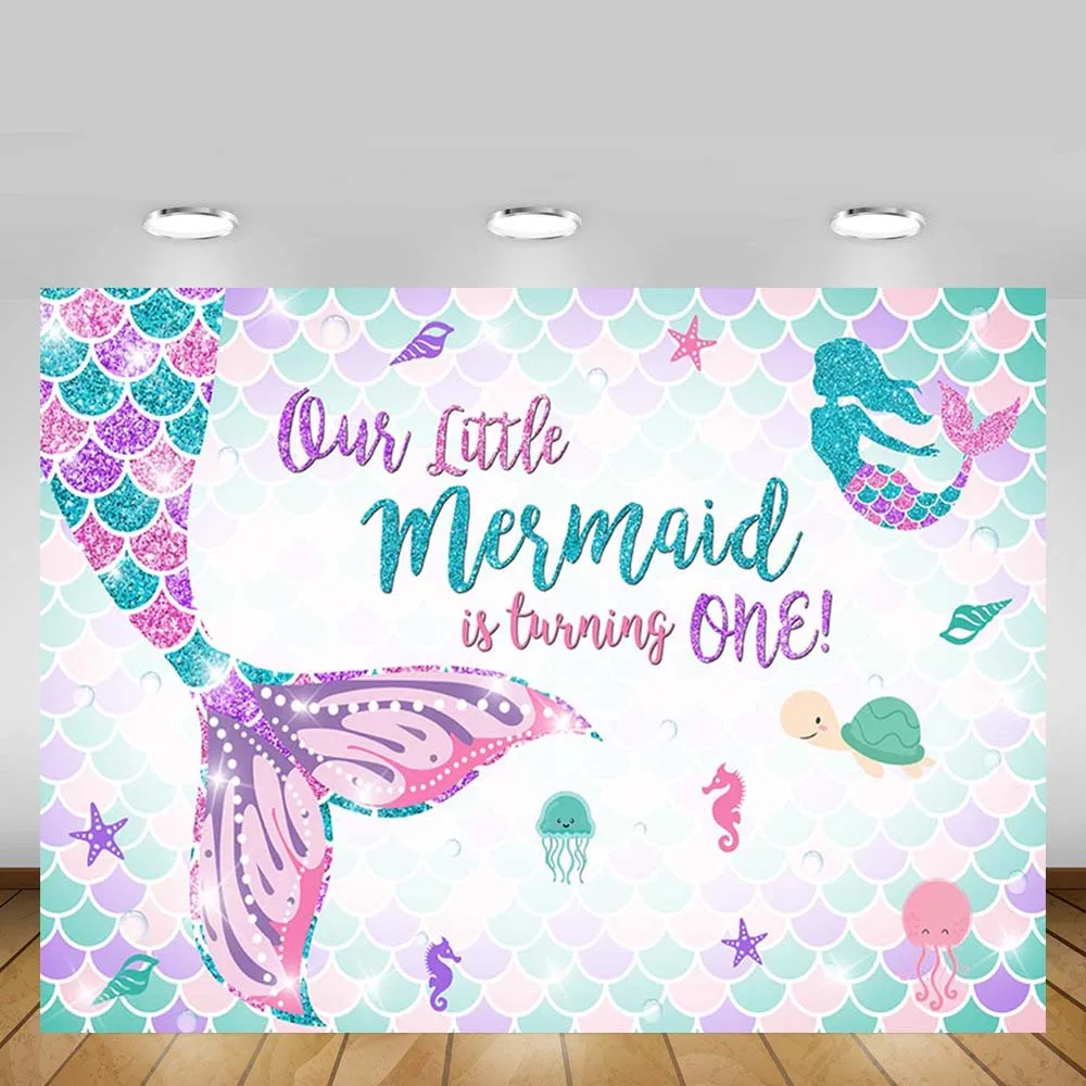 

Mehofond Our Little Mermaid is Turning One Birthday Backdrop For Photography Newborn Baby Party Background Photo Studio Banner