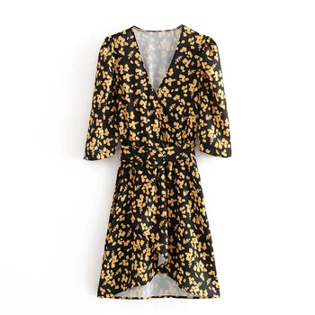 

2020 Women vintage cross v neck floral print kimono dress femme three quater sleeve sashes vestidos casual mini Dresses DS3546