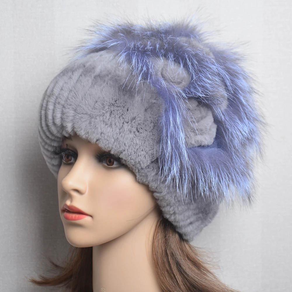 New Real Rex Rabbit Hair Luxury Woman Hat Fox Fur Beanies Caps Winter Women Hats Fashion Lady Warm Rex Rabbit Fur Knitted Hat 5