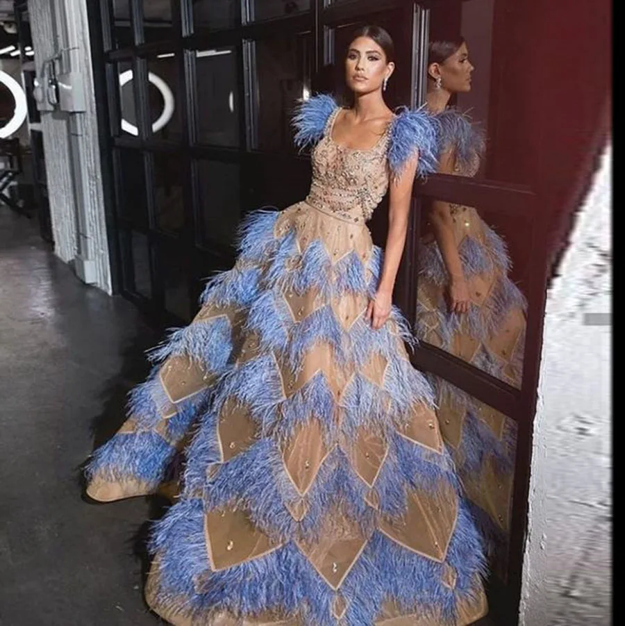

High End Champagne Prom Gowns With Blue Feather A-line Beaded Crystal Dubai Formal Party Dresses Plus Size
