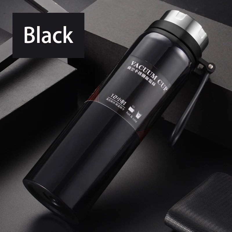 black Открытый Термос с двумя стенками термосы из нержавеющей стали бутылка для воды портативные туристические термосы для офиса чашка 1Л/800 мл - Цвет: black