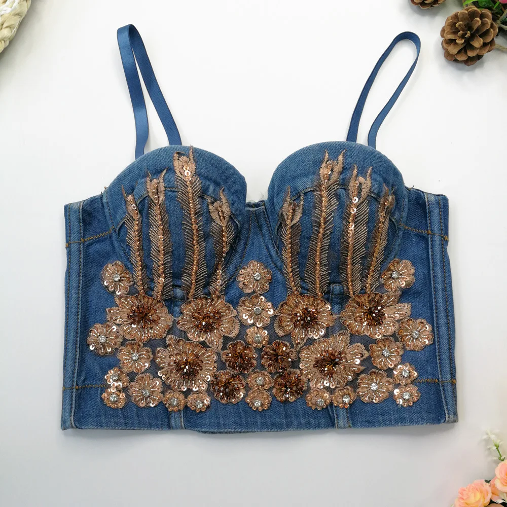 

2024 New Retro Denim Camisole Women Beading Embroidery Backless Crop Top Underwear Push Up Bustier Bra Nightclub Party Tank Tops