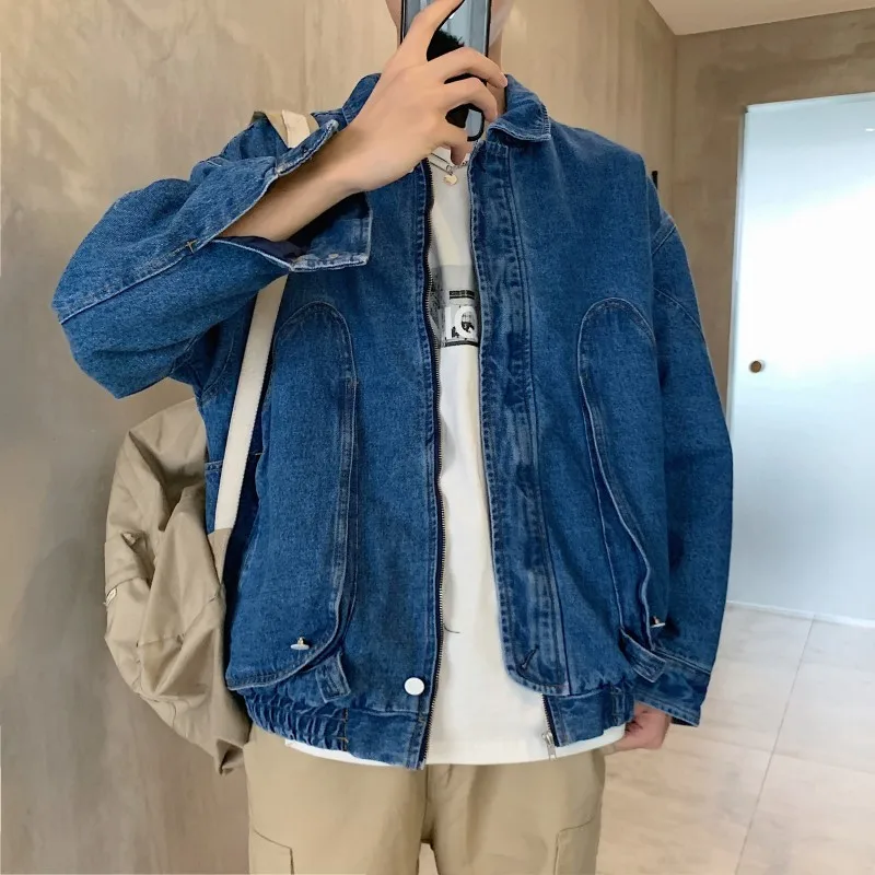 

Denim Jacket Men Fashion Washed Solid Color Casual Large Pocket Hip Hop Denim Jacket Coat Mens Streetwear Loose Bomber Jacket