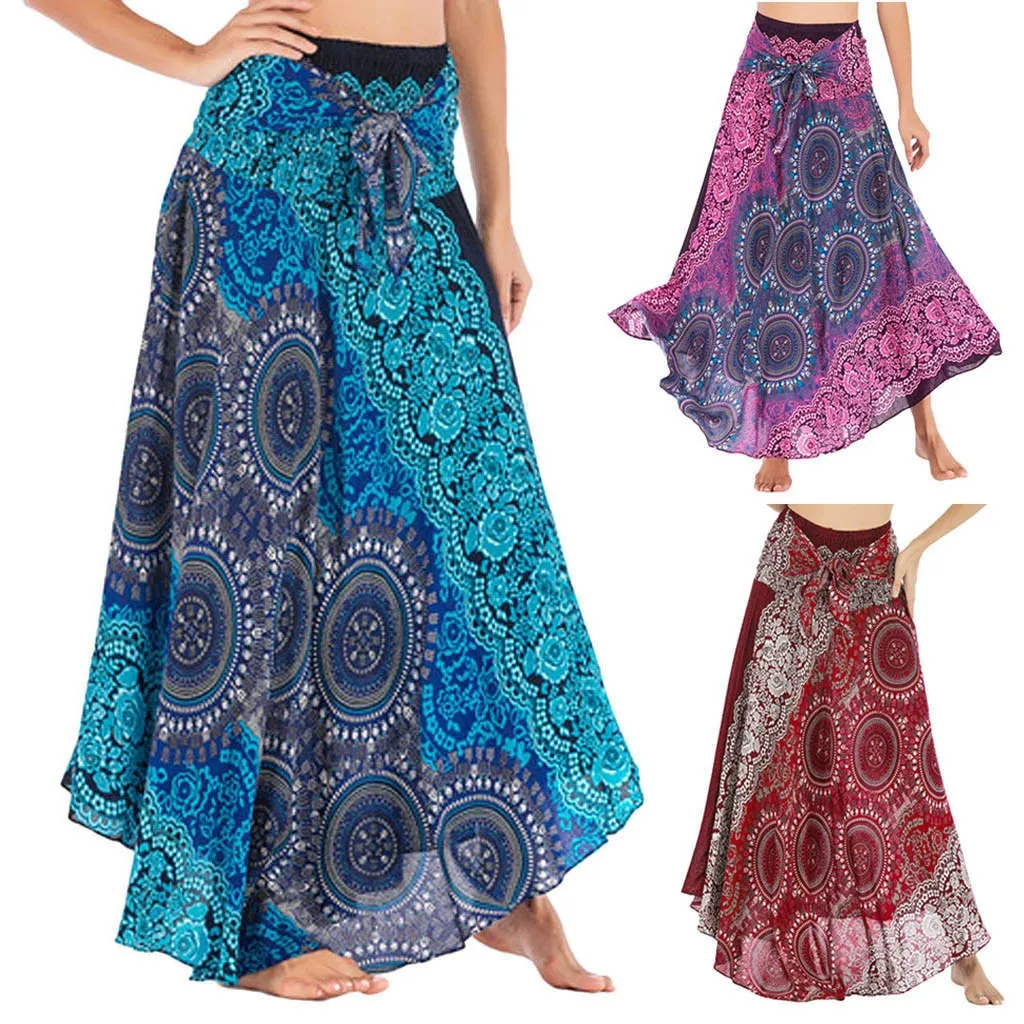 

Women Skirts Boho High Waist Floral Print Skirt Long Hippie Bohemian Gypsy Elastic Floral Hlater Sashes Asymmetrical Skirt