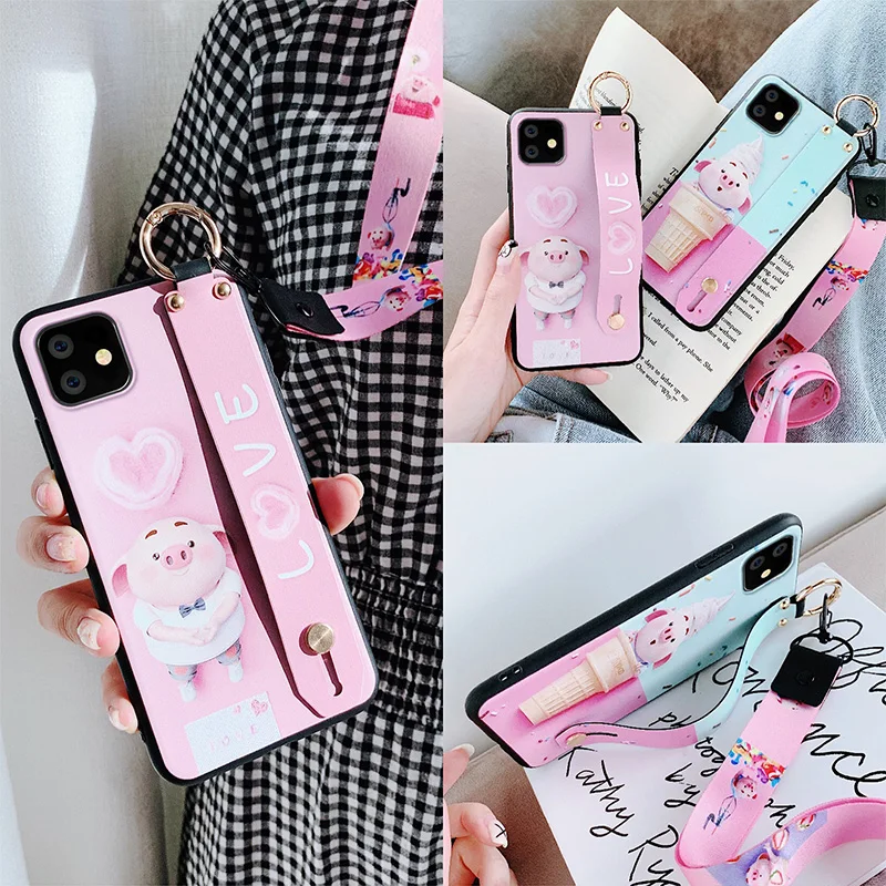 Для iphone 11 pro max милый поросенок ремешок на запястье чехол для телефона для iphone 11 pro мультфильм кошка силиконовый кролик задняя крышка+ ремень