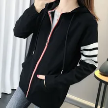 

Women Sweater With A Hood 2021 New Arrival Autumn And Winter Zipper Pocket Student Female Knitted Cardigan Black Blue Gray A65