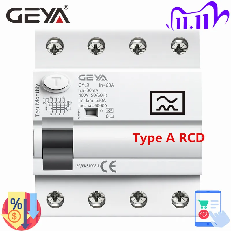 Автоматический выключатель остаточного тока GEYA GYL9 типа A RCD ELCB 4 полюса 40A 63А