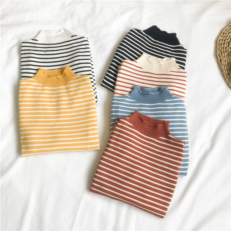 

Mooirue Autumn Basics Casual Sweater Kinitting Women Long Sleeve Vintage Striped Slim Korean Stretwear Turtleneck Pullover Women