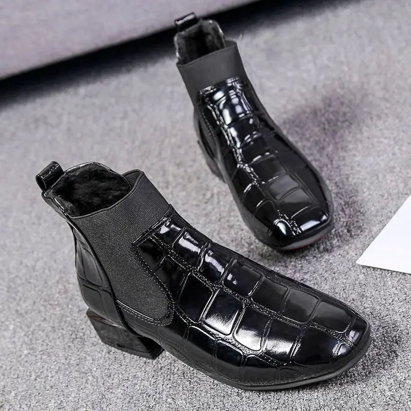 

Short Boots Women's 2019 Autumn New Style Europe And America Crocodile Pattern Joint Stretch Fabric Semi-high Heeled Large Size
