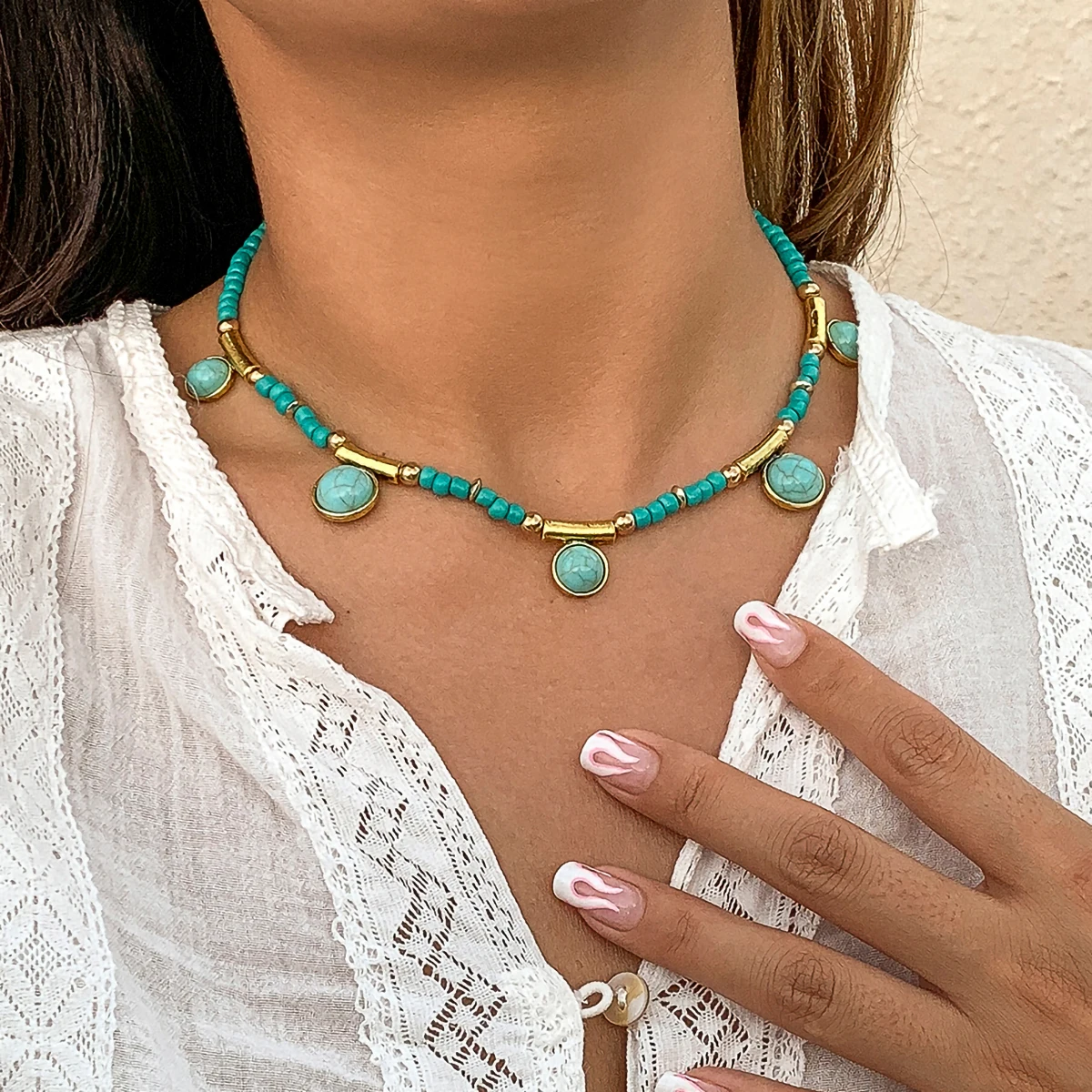 IngeSight.Z Green Color Stone Tassel Pendant Necklaces Boho Seed Beaded Chain Choker Collar for Women Neck Jewelry | Украшения и