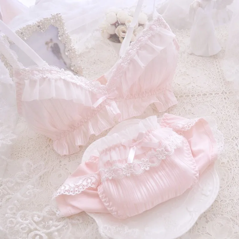 Pink Kawaii/милое нижнее белье для девочек в стиле Лолиты с бантом и рюшами, удобное нижнее белье для сна, комплект нижнего белья, японский бюстгальтер и трусики, 6 цветов - Цвет: Pink