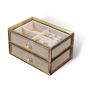 

2 Layer Clear Glass Jewelry Box With Velvet Drawer Tray Metal Jewellery Display Dust-Proof Organizer For Earring Ring Necklace