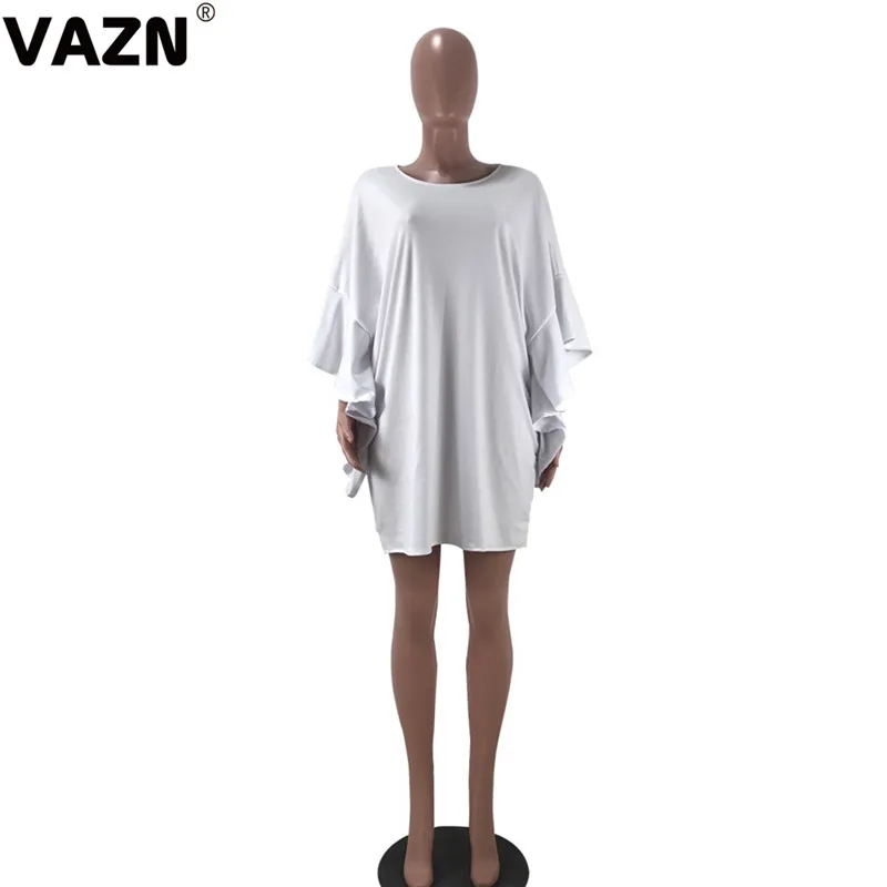 VAZN GCQ15137, шикарный дизайн,, сексуальное женское белое однотонное мини-платье, половина рукава, оборки, круглый вырез, платье, милое Повседневное платье для девочек