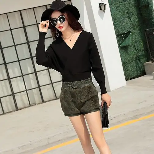 rabbit fur women shorts slim high waist back wool short trousers high street fashion thick warm shorts new DC518