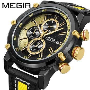 

MEGIR Fashion Military Men Watch Sports Multi-function Chronograph Calendar Leather Men's Waterproof Wristwatch reloj hombre