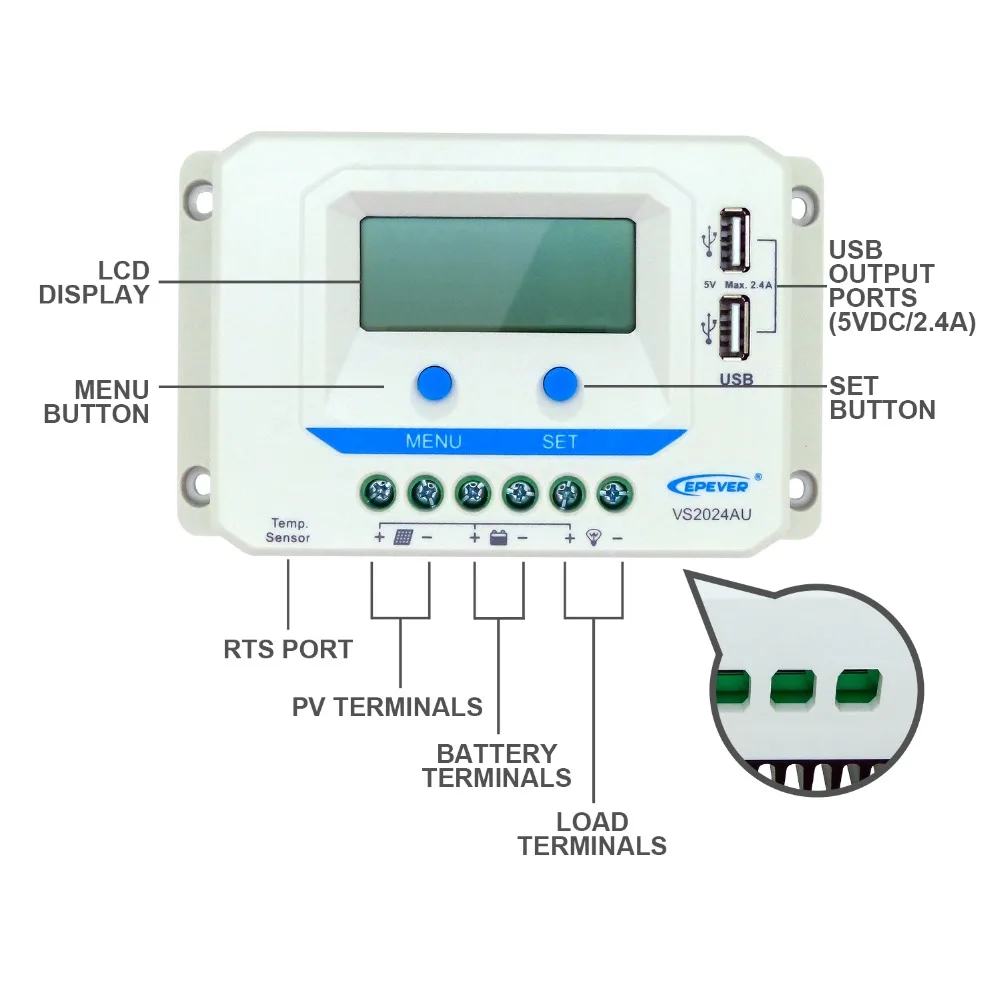 EPever VS2024AU 20A 12V 24V автоматическая работа, двойные USB порты зарядки с интеллектуальной функцией ШИМ контроллеры умного дома
