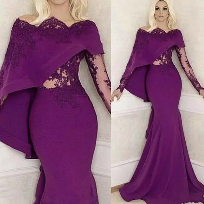 

Mermaid Long Evening Dresses 2019 boat neck vintage Purple abendkleider Full Sleeves Formal Gown lace Appliques robe de soiree