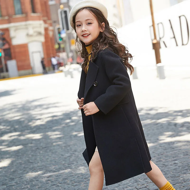 A15/ г. Весенне-Осенняя детская одежда для девочек; куртки для девочек-подростков; шерстяное двойное пальто на пуговице; детская хлопковая верхняя одежда; пальто - Цвет: S-001Black
