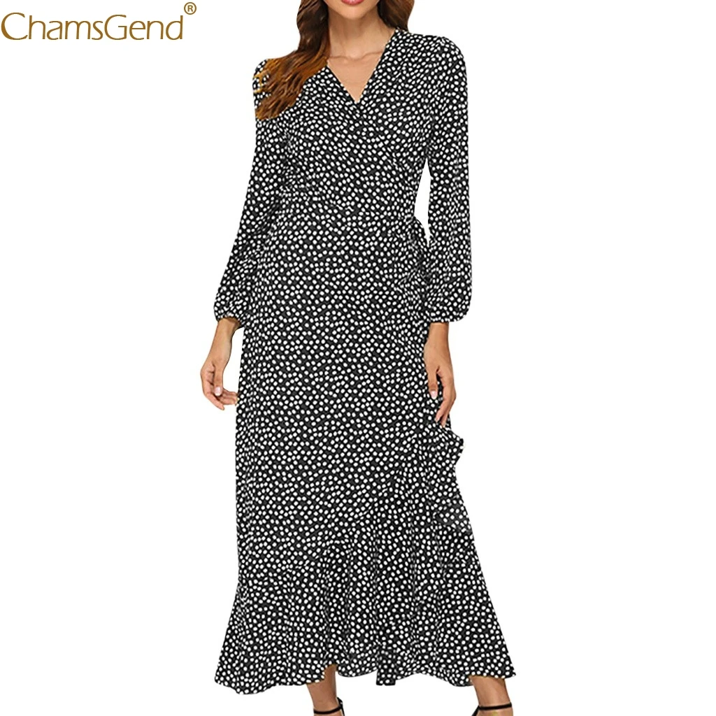 Women V-Neck Long Sleeve Polka Dot Print Formal Dress Women Elegant Dresses Woman Party Night Maxi Dresses Long Dress Aug