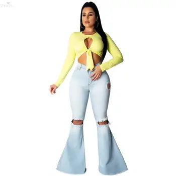 

Bell Bottom Pants Women Retro Hole Solid Color Flare Pants Women Trousers Sexy Skinny Casual High Waist Pants Women Denim Jeans